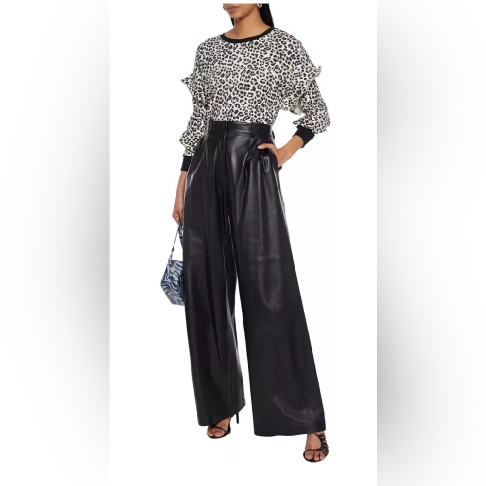 ALICE OLIVIA NETTIE LEOPARD PRINT RUFFLE LONG SLEEVE CROP TOP SIZE L LARGE